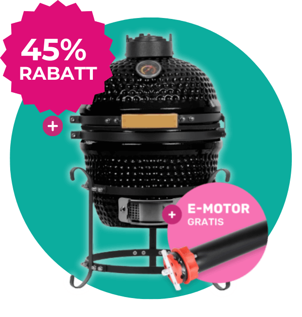 Schwarzer Grill mit „45 % Rabatt“-Schriftzug, plus Gratis-Angebot für E-Motor.