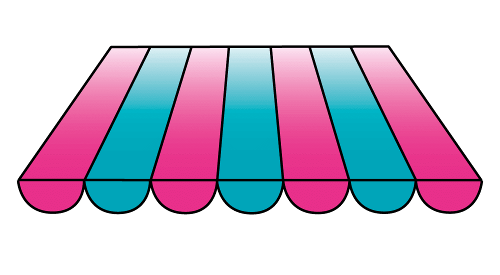 Ein rosa und blaugrün gestreiftes Sonnensegel mit Wellenkanten vor hellem Hintergrund.