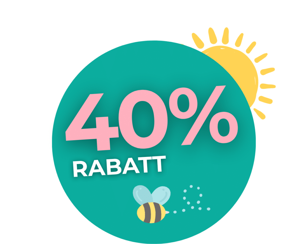 Grüner Kreis mit "40% RABATT" in fetten Buchstaben, einer Sonne und einer Bienenillustration im Hintergrund.